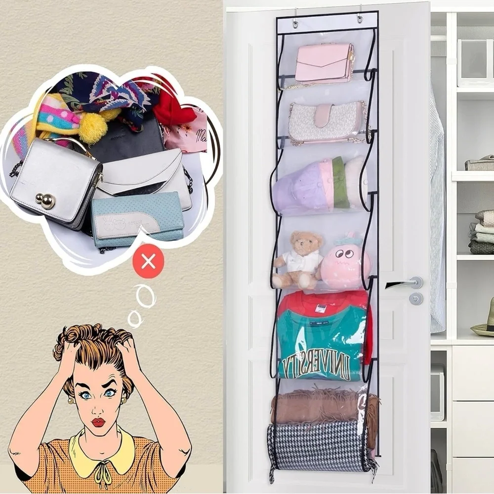 MISSLO 6 Clear Pockets Over Door Organizer for Handbags,Caps,Accessories (White)